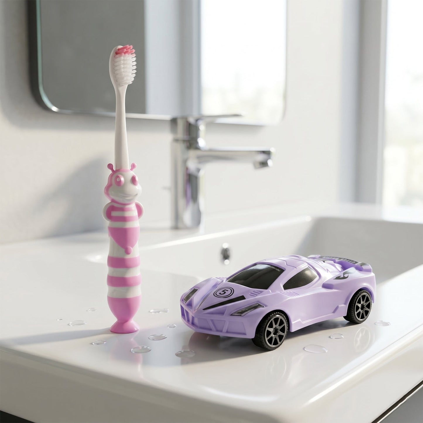 Kids toothbrush with cartoon car design and soft bristles for gentle cleaning