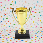 Golden Cheers Birthday Award plastic trophy with printed base label