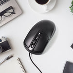 Top-down view of the black wired optical mouse, showcasing its simple and functional layout.