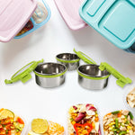 Hands closing the secure 4-side clip locks on a Ganesh Stainless Steel Tiffin Lunch Box.