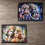 Side angle view of Krishna Radha spiritual wall decor in wooden frame