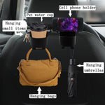 Side view of car organizer with phone holder feature attached to backseat headrest