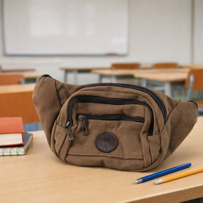 Adjustable strap canvas belt bag worn as sling bag for hands-free carry