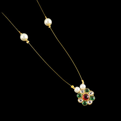 Traditional inspired multicolor stone and pearl pendant set with matching chain