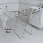 Stainless steel foldable cloth drying rack designed to hold large laundry loads securely