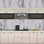 Spread out adhesive marble kitchen wallpaper roll showing peel and stick backing