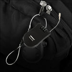 A black retractable cable lock with its wire extended, showcasing the 3-digit combination dials.
