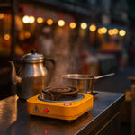 Side view of electric single coil hot plate showing heat resistant surface