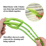 An efficient microfiber duster brush cleaning a set of horizontal window blinds in a home.