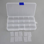 Compact and portable 15-grid plastic organiser for rings, earrings, and small trinkets.