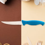 Close-up of durable stainless steel kitchen knife blade and handle