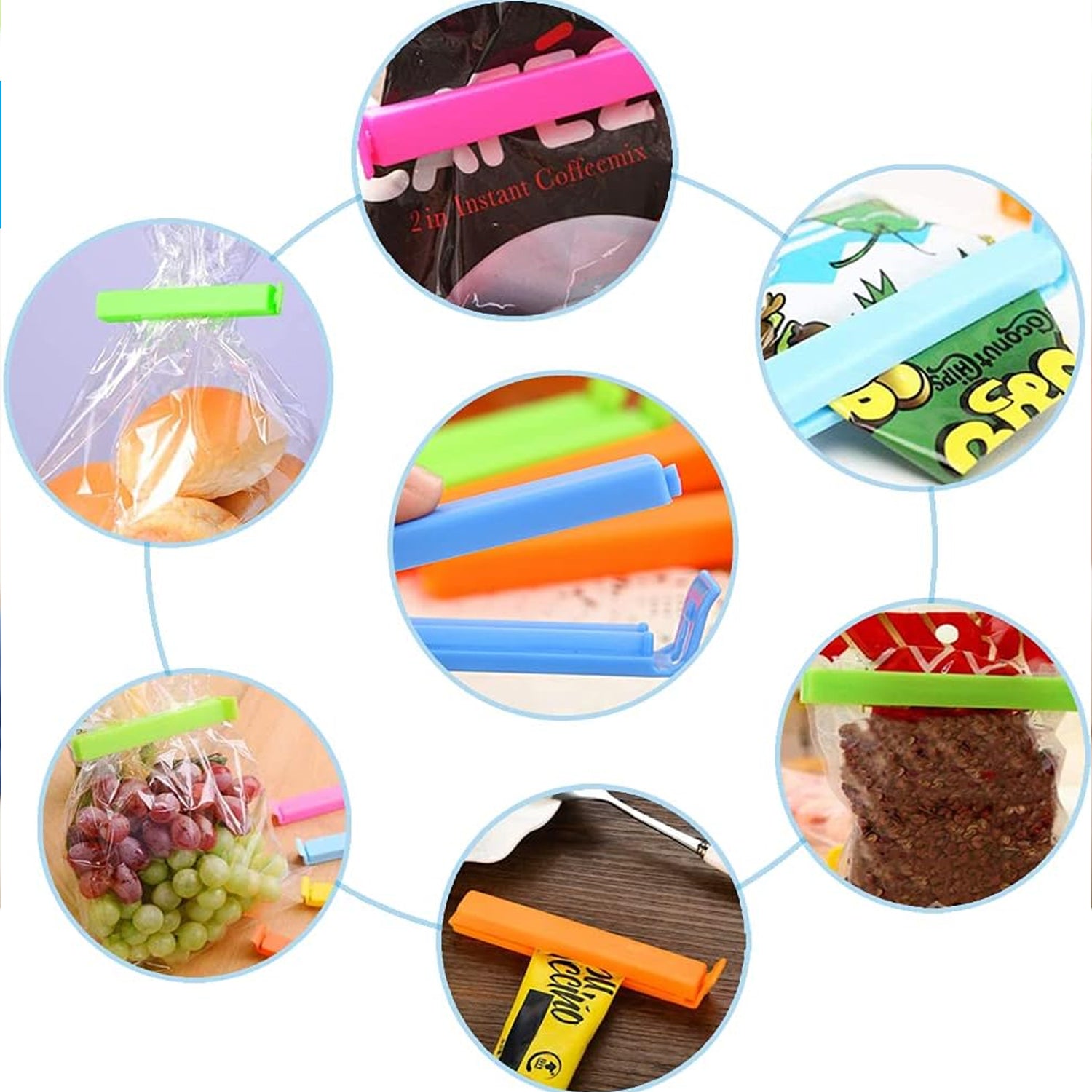 The 18-piece set of airtight food clips displayed neatly on a surface.