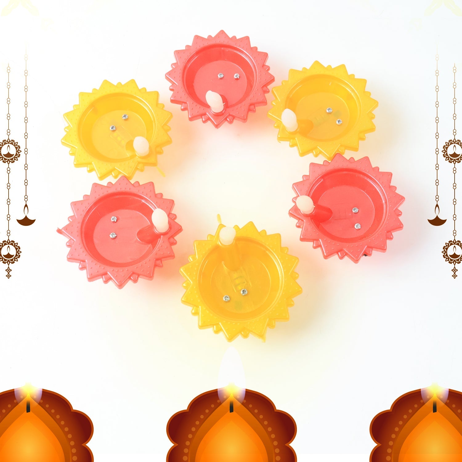 Close up of battery powered water sensor LED diya in use