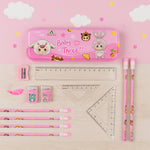 Cute cartoon stationery gift set featuring pencils, erasers, and sharpener for kids