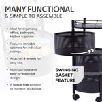 Side angle view of round metal kitchen trolley with wheels