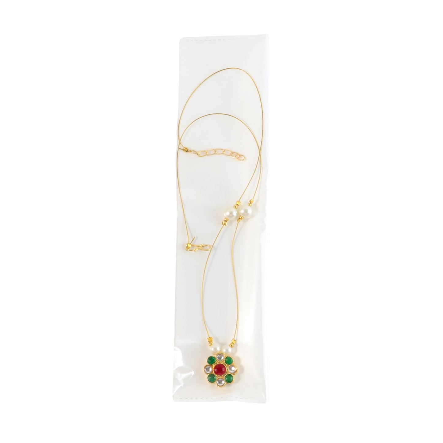 Close-up of the multicolor stone floral pendant on the lightweight pearl chain