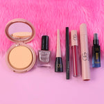 Travel-friendly makeup kit with compact powders and lip shades