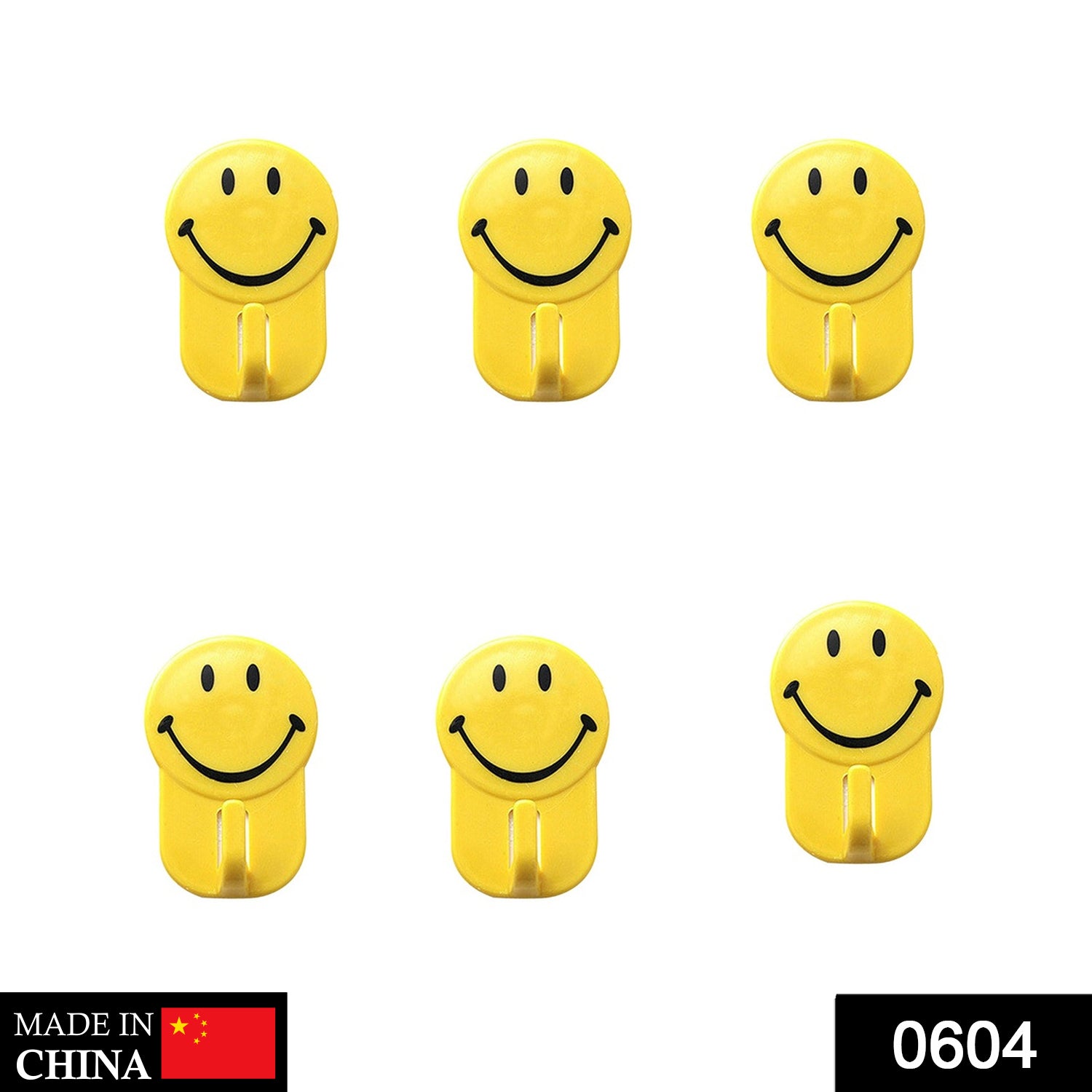 A pack of six vibrant yellow smiley face adhesive hooks for wall organization.
