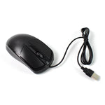 Black wired optical mouse connected to a laptop, demonstrating its plug-and-play convenience.
