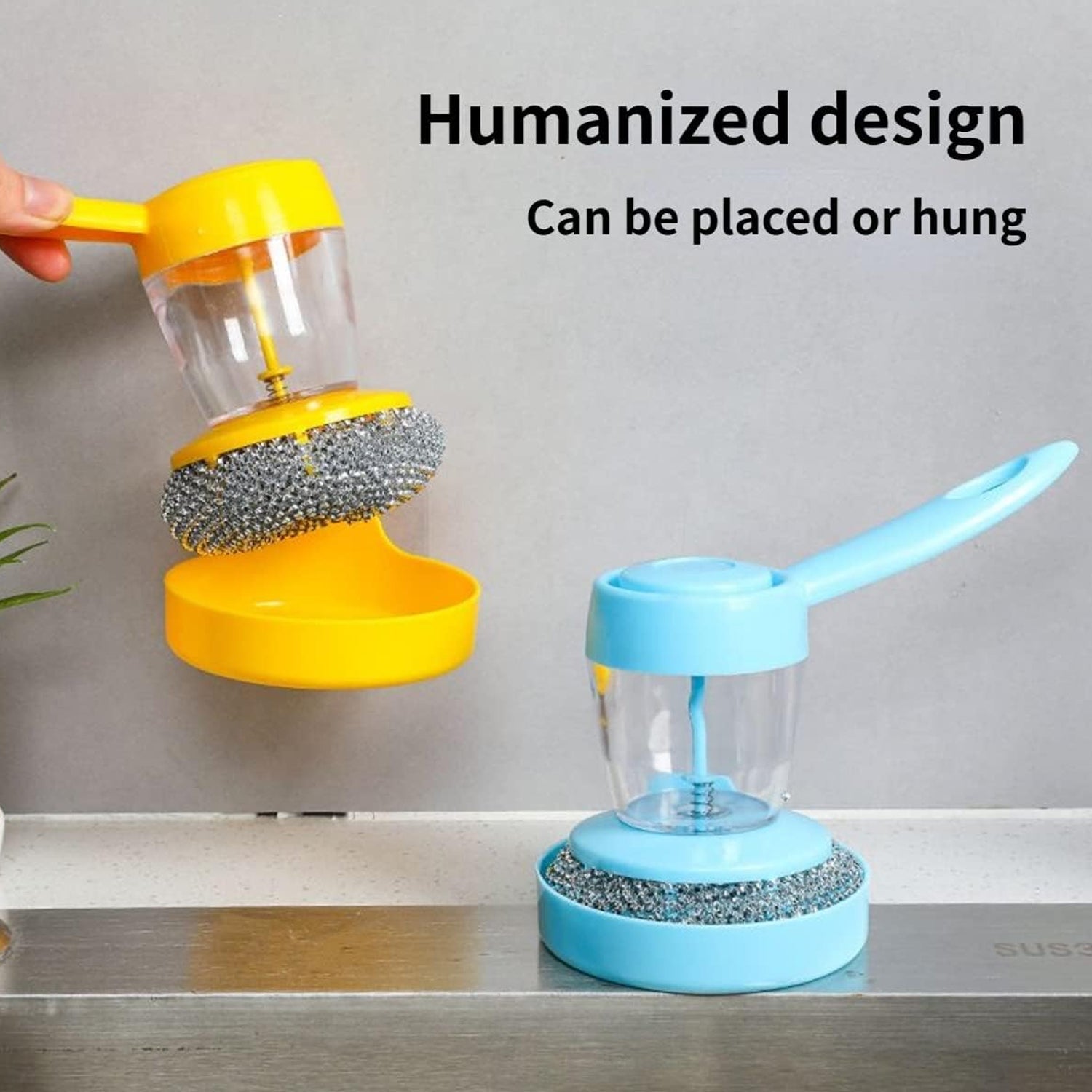 Packaging or lifestyle shot of the soap dispenser with scrub, suggesting easy storage.