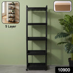 Utility storage cart featuring five open shelves on rolling wheels