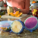 Different sized silicone stretch lids covering bowls to keep food fresh