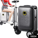 Person riding the  Electric Scooter Suitcase through an airport terminal, showcasing effortless mobility.