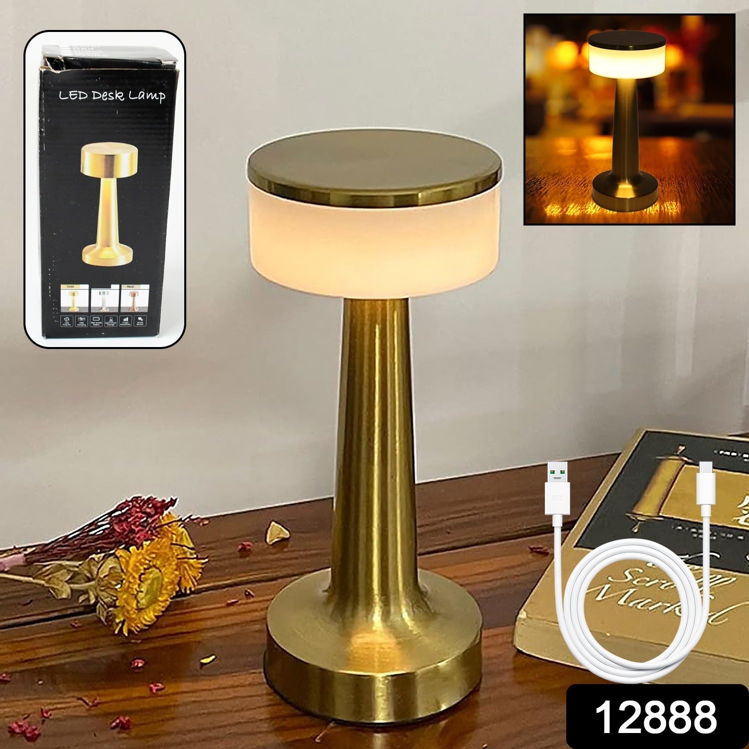 The touch LED lamp casting a warm glow on a bedside table in a bedroom setting.