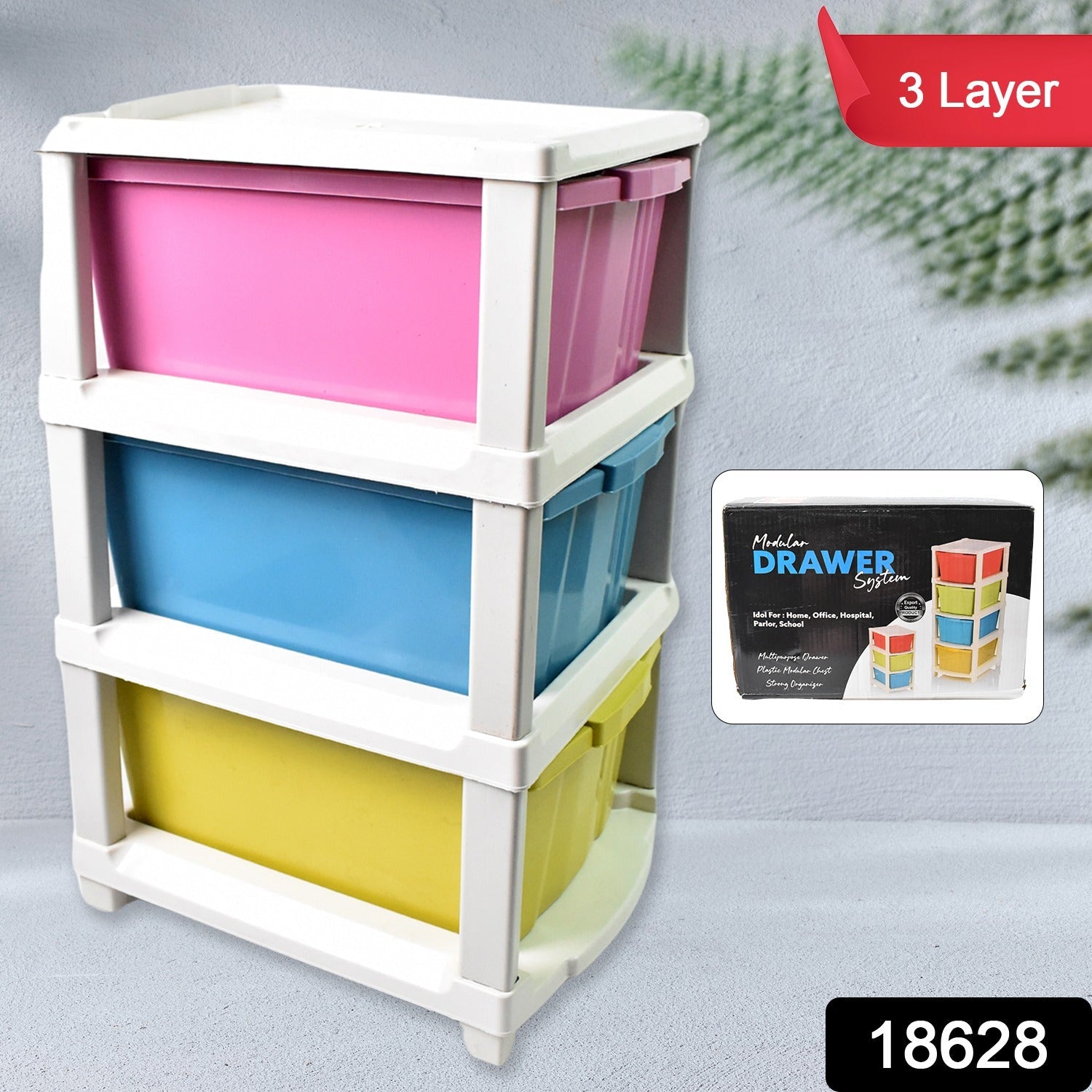 Multi-purpose plastic storage cabinet neatly organizing office supplies on a desk.