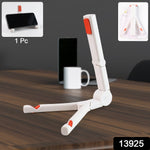 Portable desk stand holding a mobile phone and tablet securely with foldable design.