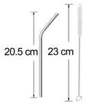 Four shiny bent metal straws and a cleaning brush laid out for inspection.