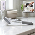 Refillable soap dispensing dish scrub brush with sturdy bristles