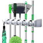 Wall mounted mop holder with 5 slots and 6 hooks for organized cleaning tools.