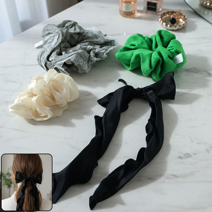Stylish Fabric Hair Scrunchie With Bow Tie Design(1 Pc Mix Color  Design)