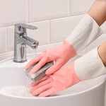 Reusable cleaning gloves showing their long cuff protecting forearm