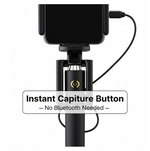 Set of selfie stick accessories, highlighting the aux wire and phone holder compatibility.