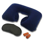Close-up of the essential ear buds, eye mask, and neck pillow from the travel kit.