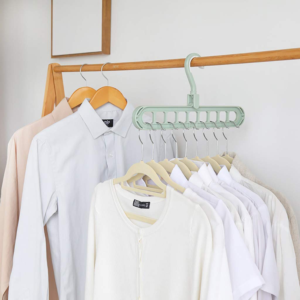 Multiple plastic 9-hole space-saving hangers shown in a versatile, organised arrangement.