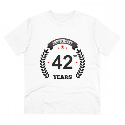 Men's PC Cotton 42nd Anniversary Printed T Shirt (Color: White, Thread Count: 180GSM)