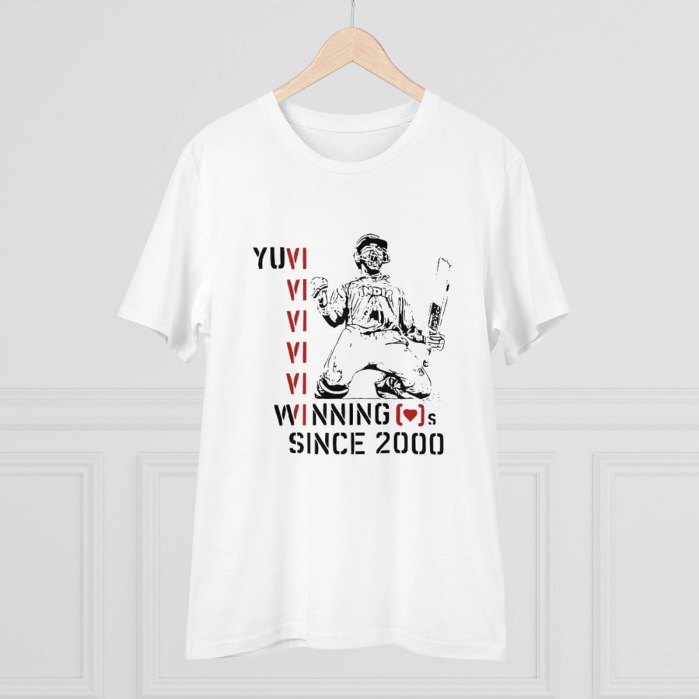 Men's PC Cotton Cricket Design Printed T Shirt (Color: White, Thread Count: 180GSM)