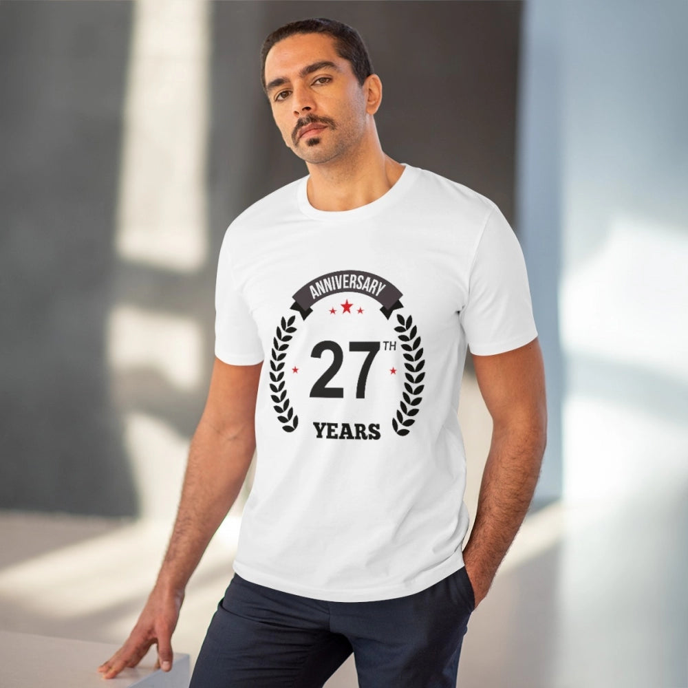 Men's PC Cotton 27th Anniversary Printed T Shirt (Color: White, Thread Count: 180GSM)
