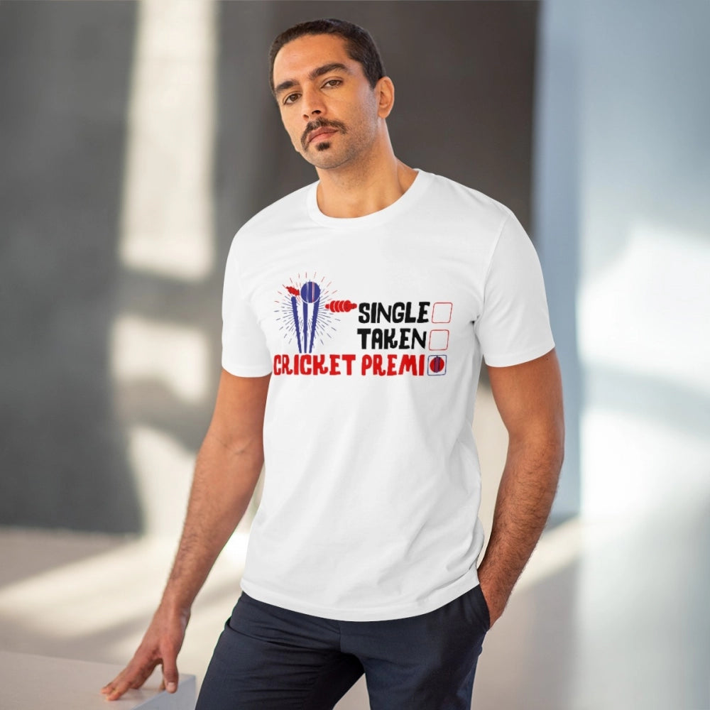 Men's PC Cotton Cricket Design Printed T Shirt (Color: White, Thread Count: 180GSM)