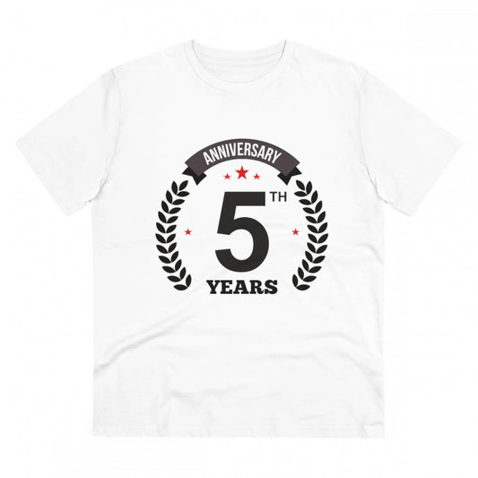 Men's PC Cotton 5th Anniversary Printed T Shirt (Color: White, Thread Count: 180GSM)