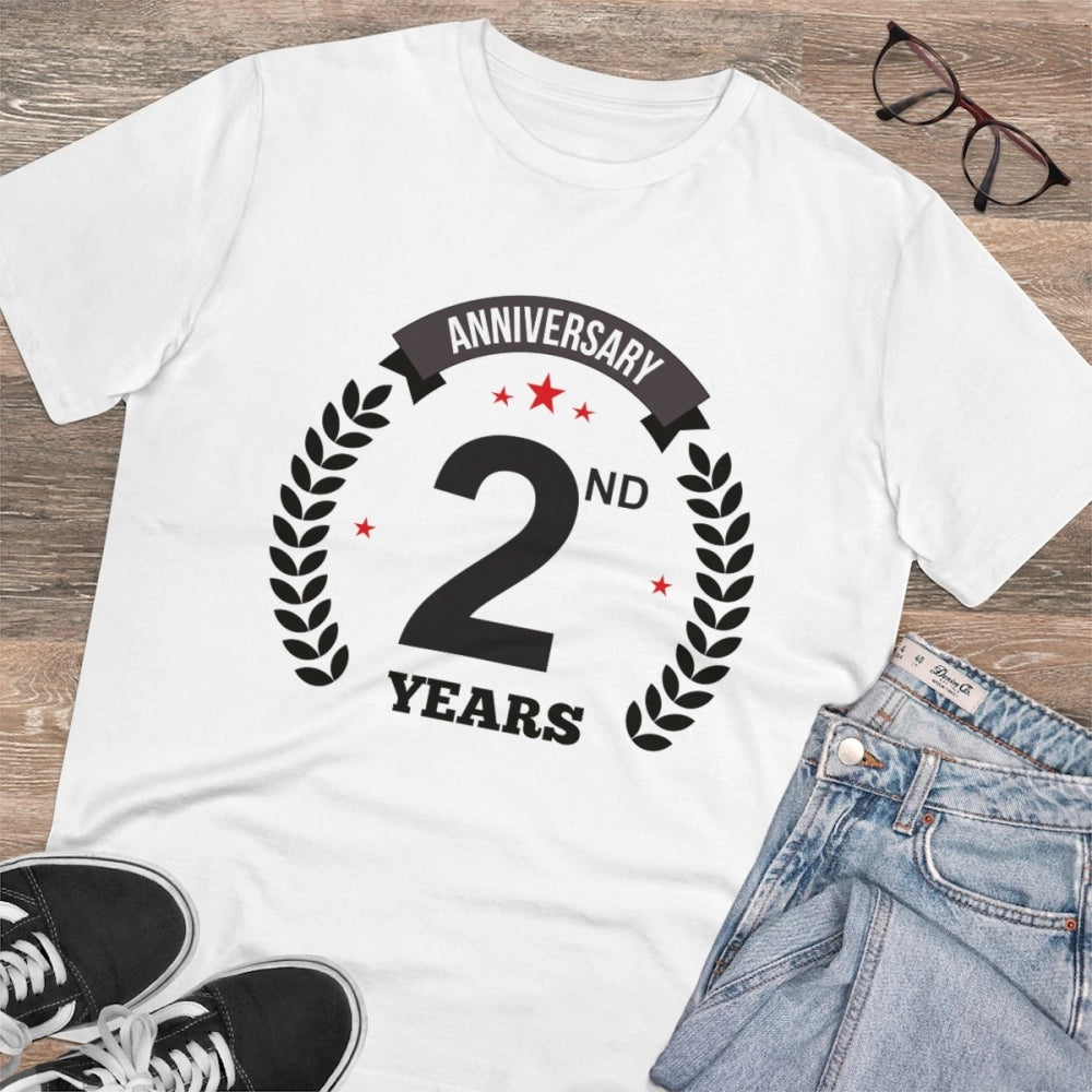 Men's PC Cotton 2nd Anniversary Printed T Shirt (Color: White, Thread Count: 180GSM)