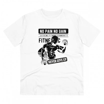 Men's PC Cotton Gym No Pain No Gain Never Give Up Printed T Shirt (Color: White, Thread Count: 180GSM)