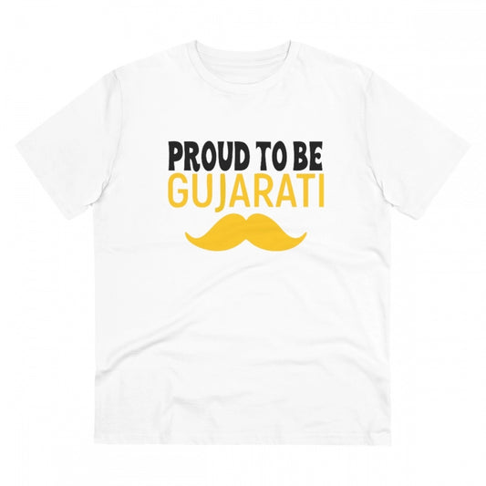 Men's PC Cotton Proud To Be Gujarati Printed T Shirt (Color: White, Thread Count: 180GSM)