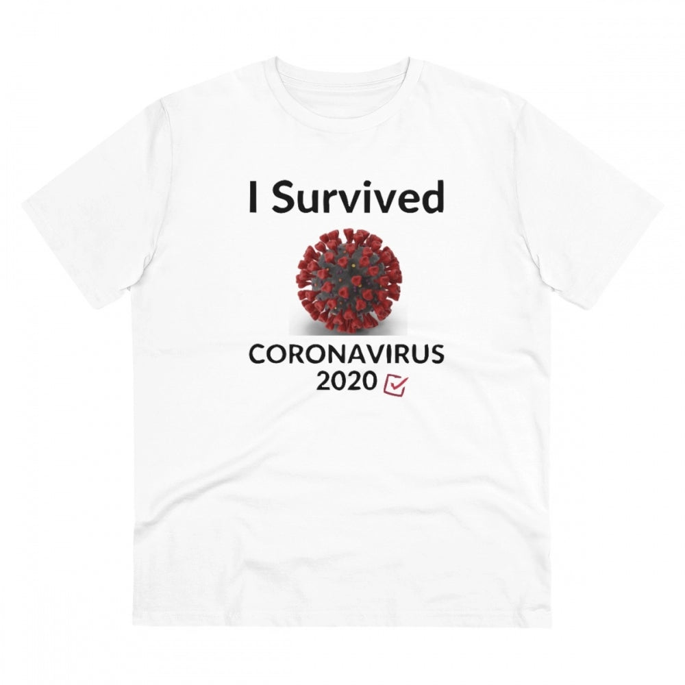 Men's PC Cotton I Survived Corornavirus 2020 Printed T Shirt (Color: White, Thread Count: 180GSM)