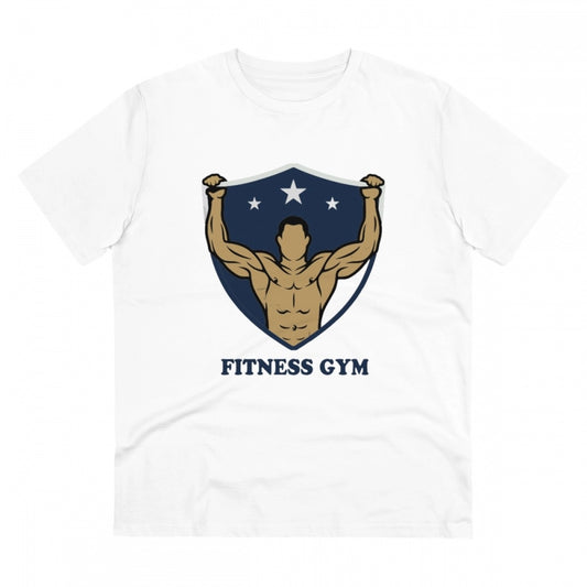 Men's PC Cotton Fittnes Gym Printed T Shirt (Color: White, Thread Count: 180GSM)