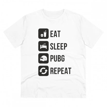 Men's PC Cotton Eat Sleep Pubg Repeat Printed T Shirt (Color: White, Thread Count: 180GSM)