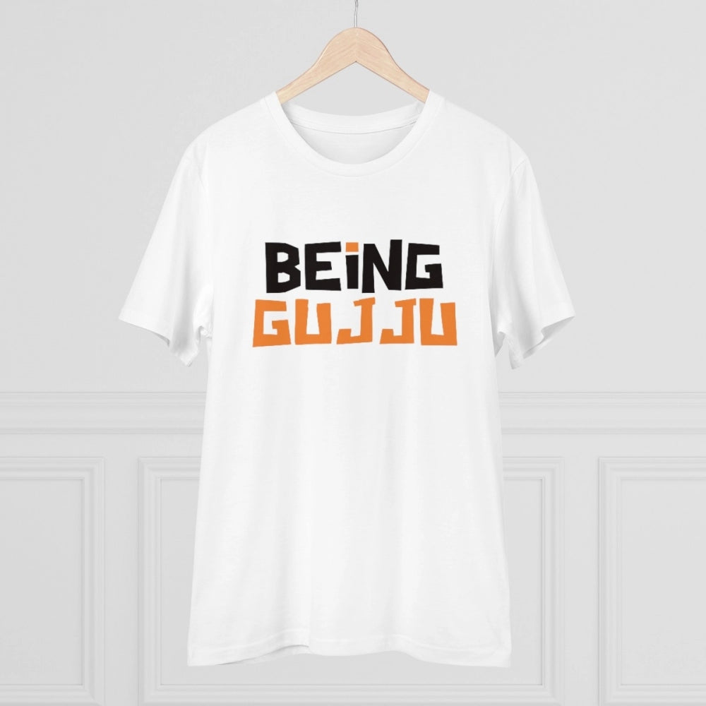 Men's PC Cotton Being Gujju Printed T Shirt (Color: White, Thread Count: 180GSM)